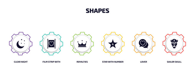 Poster - shapes infographic element with filled icons and 6 step or option. shapes icons such as clear night, film strip with heart, royalties, star with number four, lover, sailor skull vector.