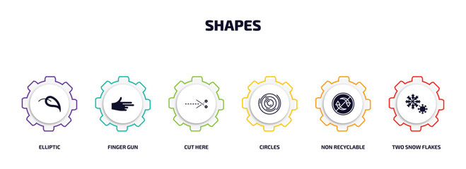 Poster - shapes infographic element with filled icons and 6 step or option. shapes icons such as elliptic, finger gun, cut here, circles, non recyclable, two snow flakes vector.