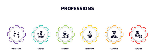 Poster - professions infographic element with filled icons and 6 step or option. professions icons such as wrestling, cooker, fireman, politician, captain, teacher vector.