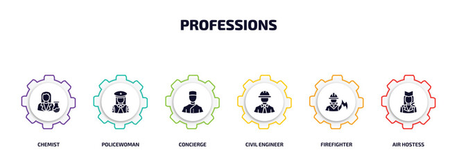 Poster - professions infographic element with filled icons and 6 step or option. professions icons such as chemist, policewoman, concierge, civil engineer, firefighter, air hostess vector.
