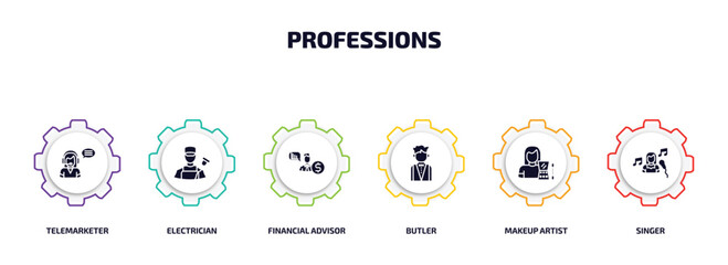 Poster - professions infographic element with filled icons and 6 step or option. professions icons such as telemarketer, electrician, financial advisor, butler, makeup artist, singer vector.