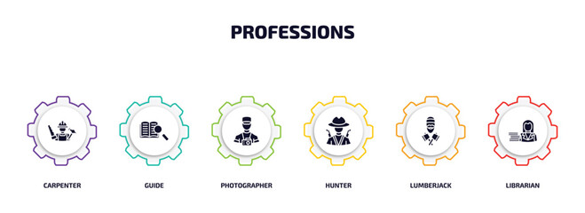 Poster - professions infographic element with filled icons and 6 step or option. professions icons such as carpenter, guide, photographer, hunter, lumberjack, librarian vector.