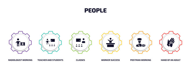 Poster - people infographic element with filled icons and 6 step or option. people icons such as radiologist working, teacher and students, classes, worker success, postman working, hand of an adult vector.
