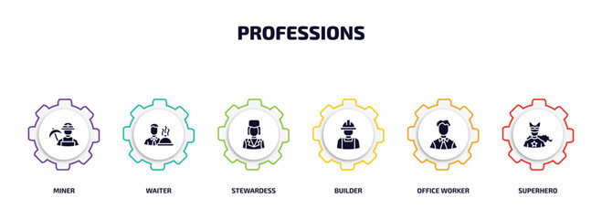 Poster - professions infographic element with filled icons and 6 step or option. professions icons such as miner, waiter, stewardess, builder, office worker, superhero vector.
