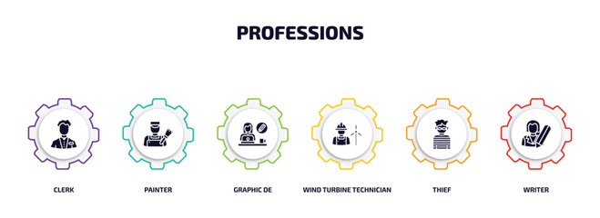 Poster - professions infographic element with filled icons and 6 step or option. professions icons such as clerk, painter, graphic de, wind turbine technician, thief, writer vector.