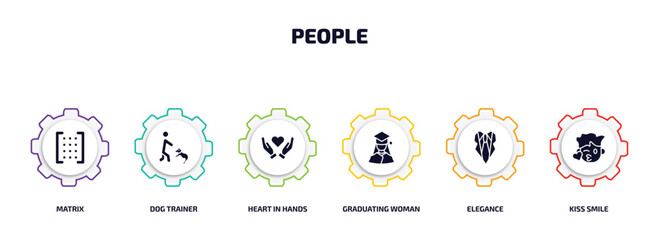 Poster - people infographic element with filled icons and 6 step or option. people icons such as matrix, dog trainer, heart in hands, graduating woman, elegance, kiss smile vector.
