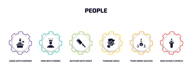 Poster - people infographic element with filled icons and 6 step or option. people icons such as judge with hammer, man with crown, butcher knife, thinking smile, team work success, man giving a speech