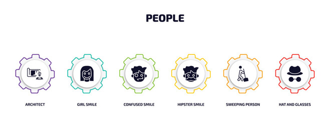 Aufkleber - people infographic element with filled icons and 6 step or option. people icons such as architect, girl smile, confused smile, hipster smile, sweeping person, hat and glasses vector.