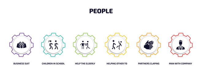 Poster - people infographic element with filled icons and 6 step or option. people icons such as business suit, children in school, help the elderly, helping other to jump, partners claping hands, man with