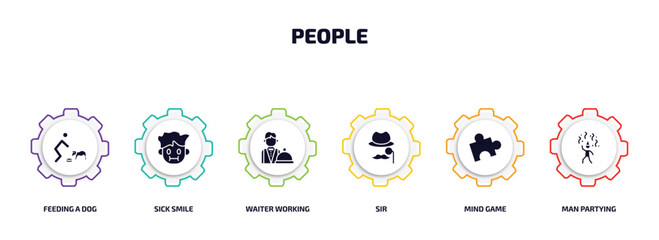 Aufkleber - people infographic element with filled icons and 6 step or option. people icons such as feeding a dog, sick smile, waiter working, sir, mind game, man partying vector.