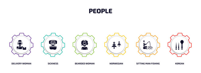 Poster - people infographic element with filled icons and 6 step or option. people icons such as delivery woman, sickness, bearded woman, norwegian, sitting man fishing, korean vector.