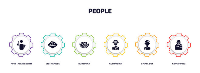 Poster - people infographic element with filled icons and 6 step or option. people icons such as man talking with phone, vietnamese, bohemian, colombian, small boy, kidnapping vector.