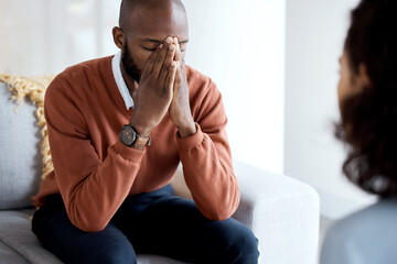 Canvas Print - Black man, mental health and depression counseling and psychologist, stress headache and help. Psychology consultation, woman doctor with depressed patient and conversation about anxiety problem