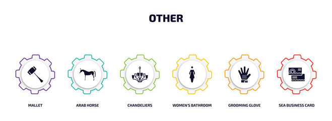 Aufkleber - other infographic element with filled icons and 6 step or option. other icons such as mallet, arab horse, chandeliers, women's bathroom, grooming glove, sea business card vector.