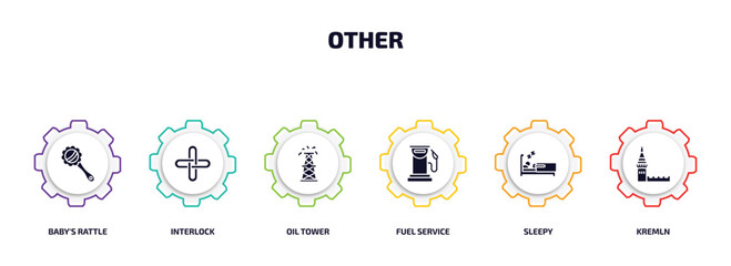 Poster - other infographic element with filled icons and 6 step or option. other icons such as baby's rattle, interlock, oil tower, fuel service, sleepy, kremln vector.