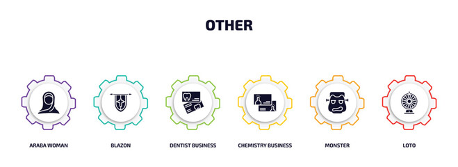 Poster - other infographic element with filled icons and 6 step or option. other icons such as araba woman, blazon, dentist business card, chemistry business card, monster, loto vector.