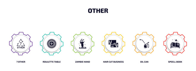 Poster - other infographic element with filled icons and 6 step or option. other icons such as 7 other, roulette table, zambie hand, hair cut business card, oil can, speell book vector.