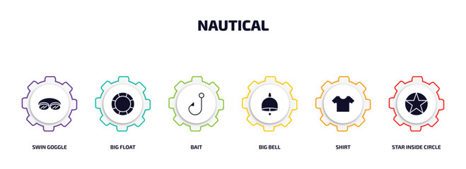 Poster - nautical infographic element with filled icons and 6 step or option. nautical icons such as swin goggle, big float, bait, big bell, shirt, star inside circle vector.