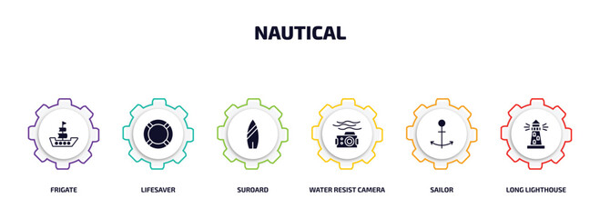 Poster - nautical infographic element with filled icons and 6 step or option. nautical icons such as frigate, lifesaver, suroard, water resist camera, sailor, long lighthouse vector.