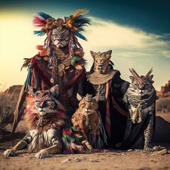 Cats wearting tribal costume. Cats family. Funny scene of cat. Generative AI