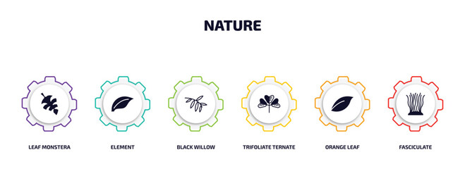 Poster - nature infographic element with filled icons and 6 step or option. nature icons such as leaf monster
