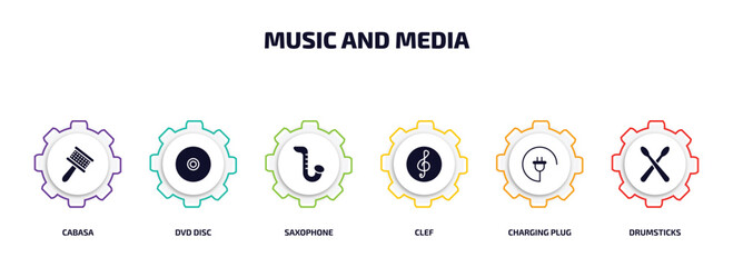 Aufkleber - music and media infographic element with filled icons and 6 step or option. music and media icons su