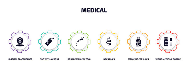 Poster - medical infographic element with filled icons and 6 step or option. medical icons such as hospital placeholder, tag with a cross, dosage medical tool, intestines, medicine capsules, syrup medicine