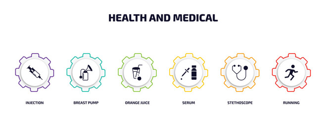 Poster - health and medical infographic element with filled icons and 6 step or option. health and medical icons such as injection, breast pump, orange juice, serum, stethoscope, running vector.
