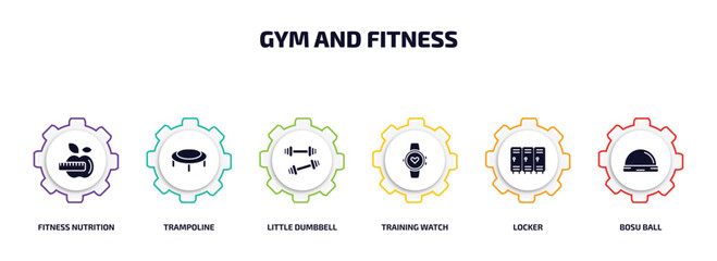 Poster - gym and fitness infographic element with filled icons and 6 step or option. gym and fitness icons such as fitness nutrition, trampoline, little dumbbell, training watch, locker, bosu ball vector.