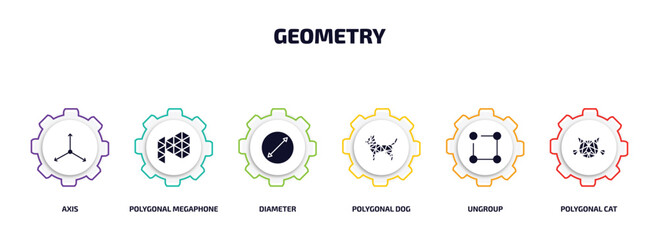 Poster - geometry infographic element with filled icons and 6 step or option. geometry icons such as axis, po