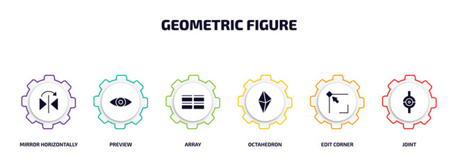 Poster - geometric figure infographic element with filled icons and 6 step or option. geometric figure icons such as mirror horizontally, preview, array, octahedron, edit corner, joint vector.