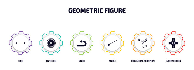 Poster - geometric figure infographic element with filled icons and 6 step or option. geometric figure icons such as line, ennegon, undo, angle, polygonal scorpion, intersection vector.