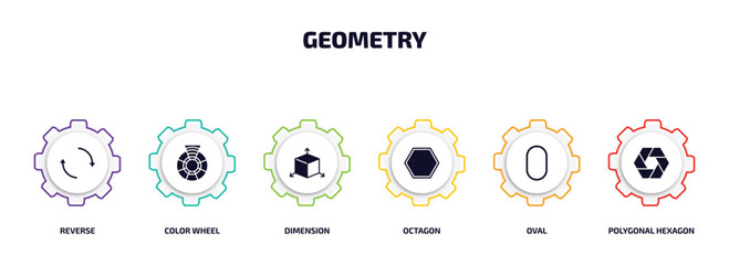 Poster - geometry infographic element with filled icons and 6 step or option. geometry icons such as reverse, color wheel, dimension, octagon, oval, polygonal hexagon vector.