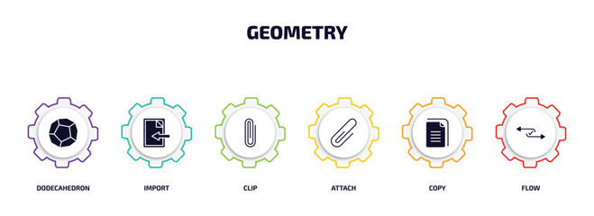 Poster - geometry infographic element with filled icons and 6 step or option. geometry icons such as dodecahedron, import, clip, attach, copy, flow vector.