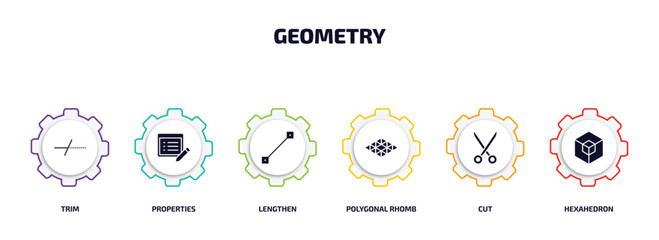 Poster - geometry infographic element with filled icons and 6 step or option. geometry icons such as trim, properties, lengthen, polygonal rhomb, cut, hexahedron vector.
