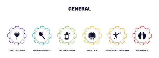 Poster - general infographic element with filled icons and 6 step or option. general icons such as lead conversion, magnifiying glass, fire estinguisher, patch crop, leader with loudspeaker, open source