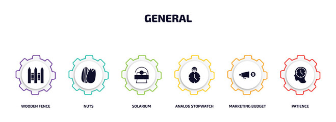 Poster - general infographic element with filled icons and 6 step or option. general icons such as wooden fence, nuts, solarium, analog stopwatch, marketing budget, patience vector.