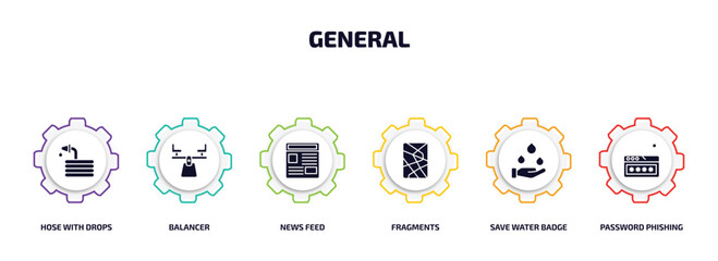 Poster - general infographic element with filled icons and 6 step or option. general icons such as hose with drops, balancer, news feed, fragments, save water badge, password phishing vector.