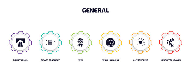 Poster - general infographic element with filled icons and 6 step or option. general icons such as road tunnel, smart contract, win, wolf howling, outsourcing, mistletoe leaves vector.