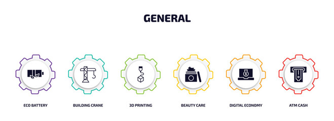 Wall Mural - general infographic element with filled icons and 6 step or option. general icons such as eco battery, building crane, 3d printing, beauty care, digital economy, atm cash vector.