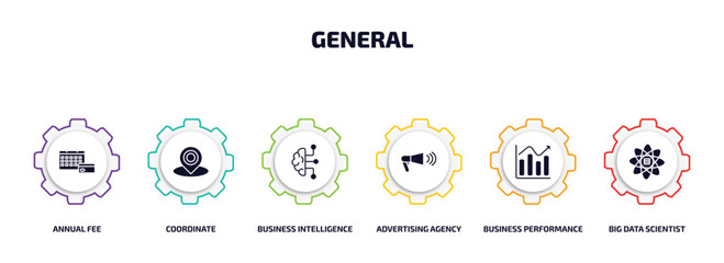 Poster - general infographic element with filled icons and 6 step or option. general icons such as annual fee