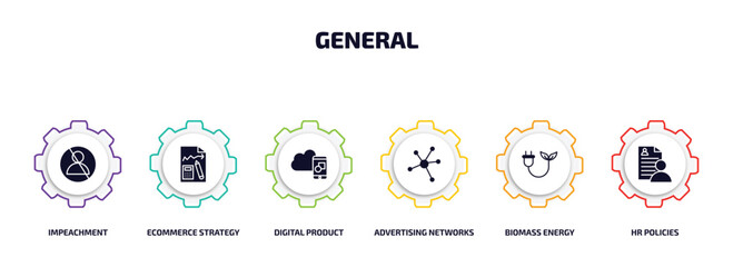 Wall Mural - general infographic element with filled icons and 6 step or option. general icons such as impeachment, ecommerce strategy, digital product, advertising networks, biomass energy, hr policies vector.