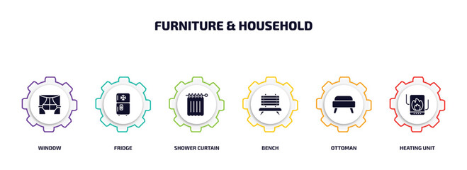 Wall Mural - furniture & household infographic element with filled icons and 6 step or option. furniture & household icons such as window, fridge, shower curtain, bench, ottoman, heating unit vector.