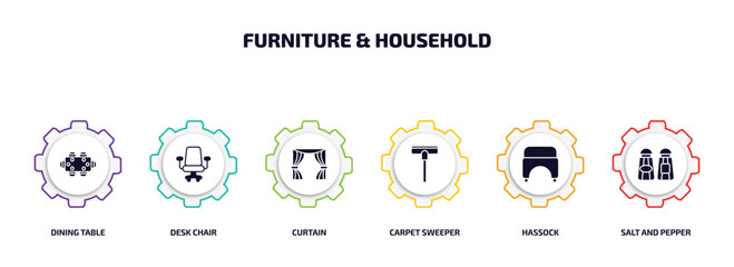 Wall Mural - furniture & household infographic element with filled icons and 6 step or option. furniture & household icons such as dining table, desk chair, curtain, carpet sweeper, hassock, salt and pepper