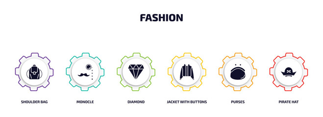 fashion infographic element with filled icons and 6 step or option. fashion icons such as shoulder bag, monocle, diamond, jacket with buttons, purses, pirate hat vector.