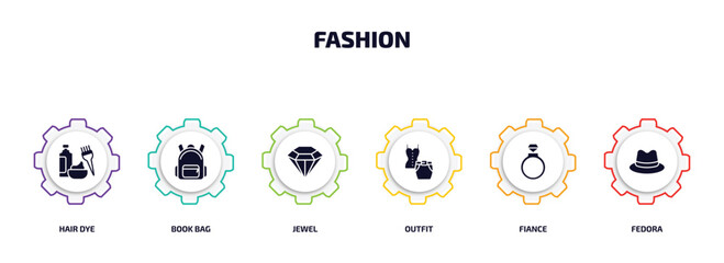 Poster - fashion infographic element with filled icons and 6 step or option. fashion icons such as hair dye, book bag, jewel, outfit, fiance, fedora vector.
