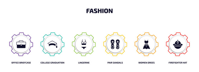 Poster - fashion infographic element with filled icons and 6 step or option. fashion icons such as office briefcase, college graduation cap, lingerine, pair sandals, women drees, firefighter hat vector.