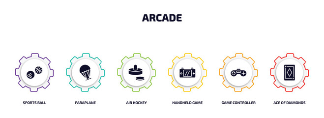 Poster - arcade infographic element with filled icons and 6 step or option. arcade icons such as sports ball, paraplane, air hockey, handheld game, game controller, ace of diamonds vector.