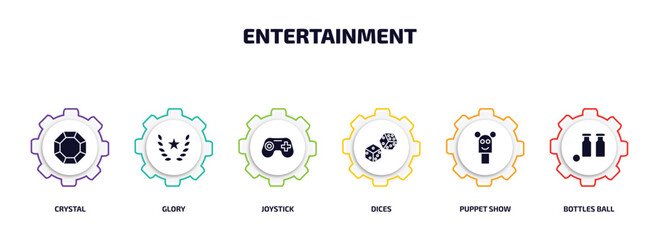 Poster - entertainment infographic element with filled icons and 6 step or option. entertainment icons such as crystal, glory, joystick, dices, puppet show, bottles ball vector.