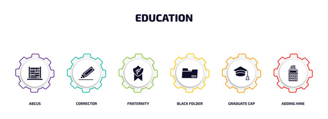 Poster - education infographic element with filled icons and 6 step or option. education icons such as abcus, corrector, fraternity, black folder, graduate cap, adding hine vector.